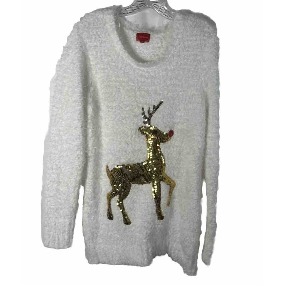 L Joyland White Women’s Reindeer Pullover Christmas Sweater Scoop Neck